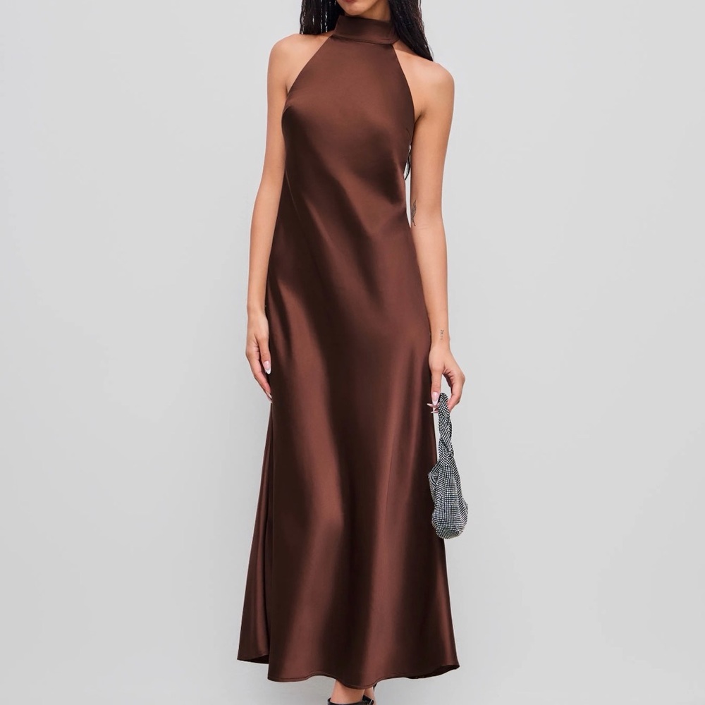 SATIN HALTER NECKLINE BACKLESS MAXI DRESS
